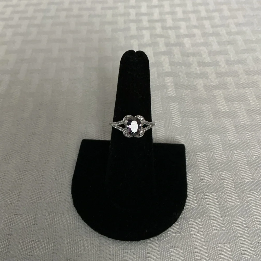Amethyst Cubic Zirconia Silver Tone Halo Ring